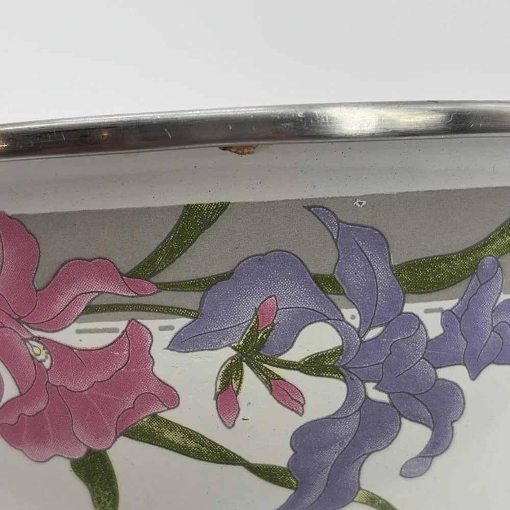 3 Vintage  Enameled Mixing Bowls Iris / Floral pattern GMI - Dishwasher Safe
